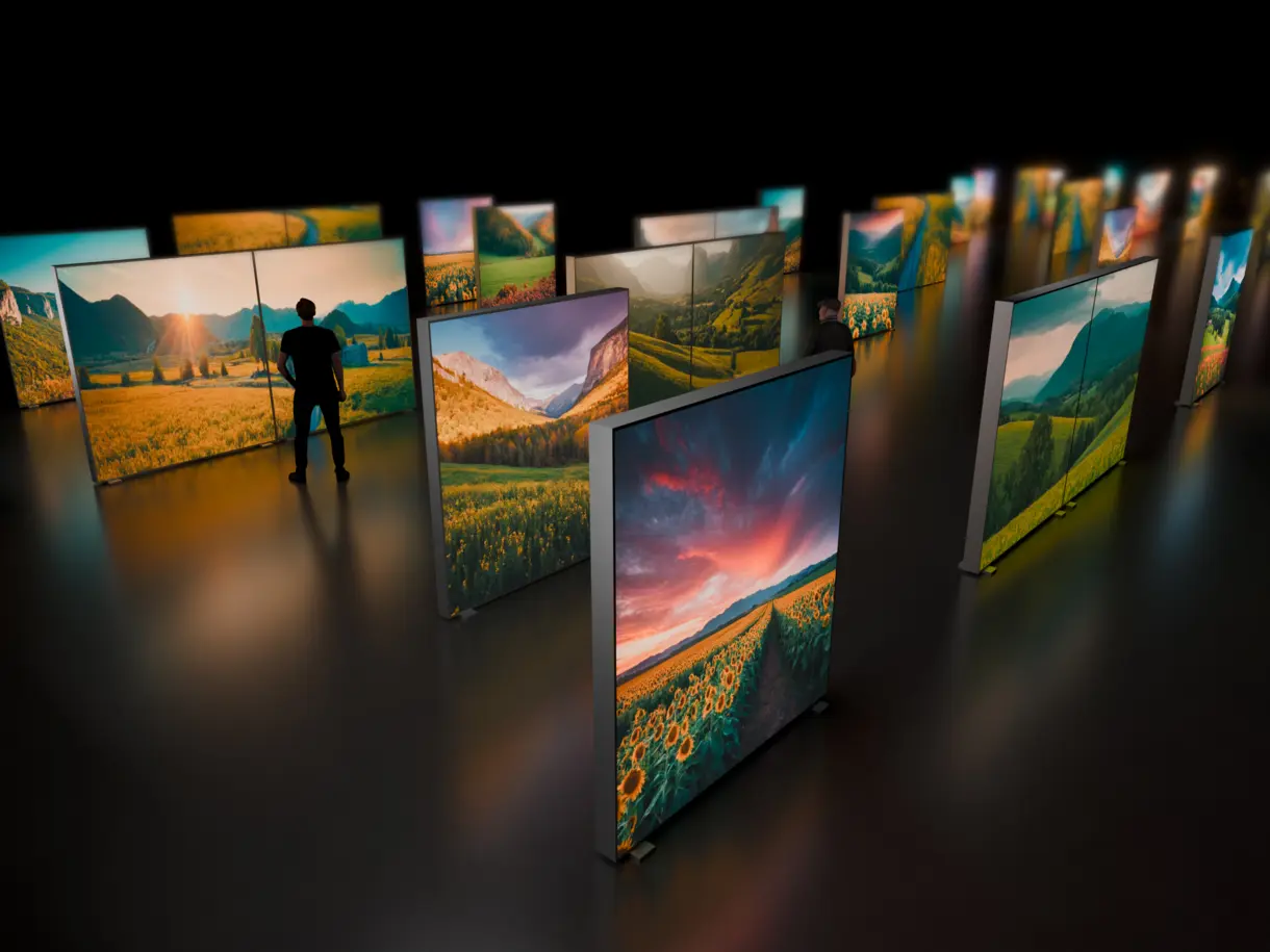 Dunkle Ausstellungshalle mit aufgestellten, beleuchteten Textilspannrahmen