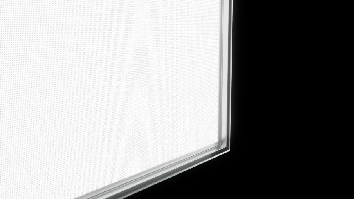 Innenansicht eines LED-Textilspannrahmens zur einseitigen Bespannung und Hinterleuchtung eines Textildrucks mit lichtleitender Acrylplatte, von DWD Concepts