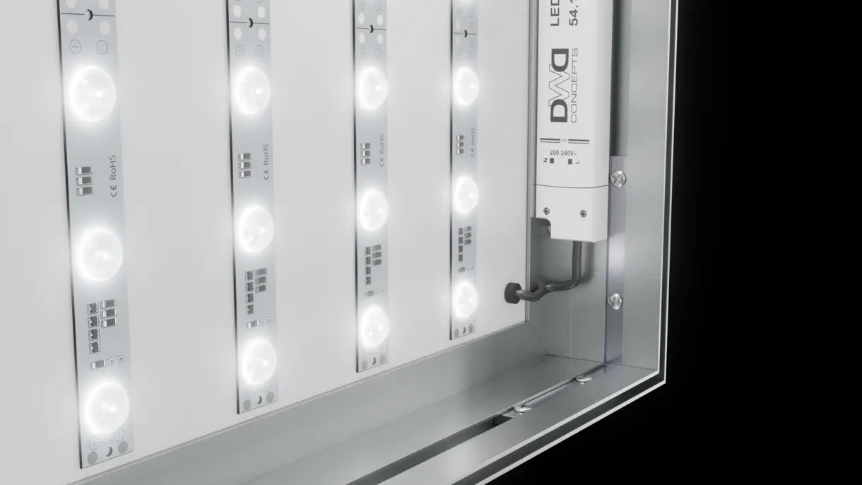 Innenansicht eines LED-Textilspannrahmens für die einseitige Bespannung und Hinterleuchtung eines Textildrucks, von DWD Concepts