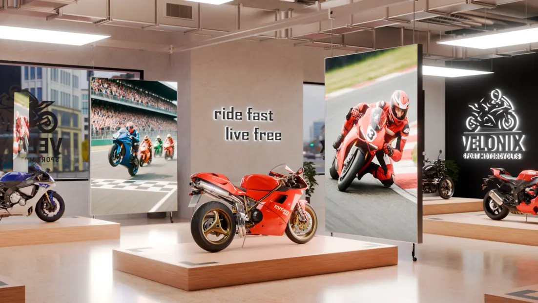 Motorradzubehör- oder Motorrad-Store mit beleuchteten Leuchtrahmen an den Wänden.