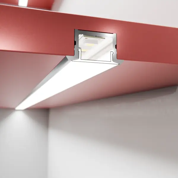 Einbausituation der LED-Lichtleiste COLLUDO D – eingelassen im Fachboden – präzise Regalbeleuchtung von DWD Concepts
