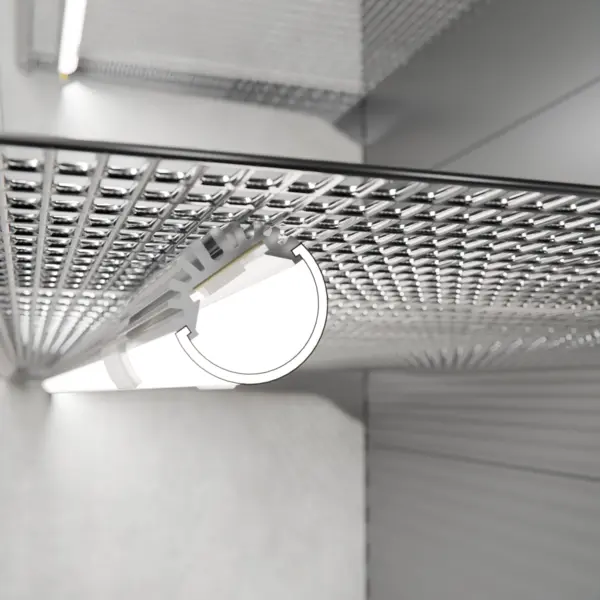 LED-Lichtleiste GALLERY HP in Unterbaumontage am Gitterfachboden – effiziente Beleuchtungslösung von DWD Concepts