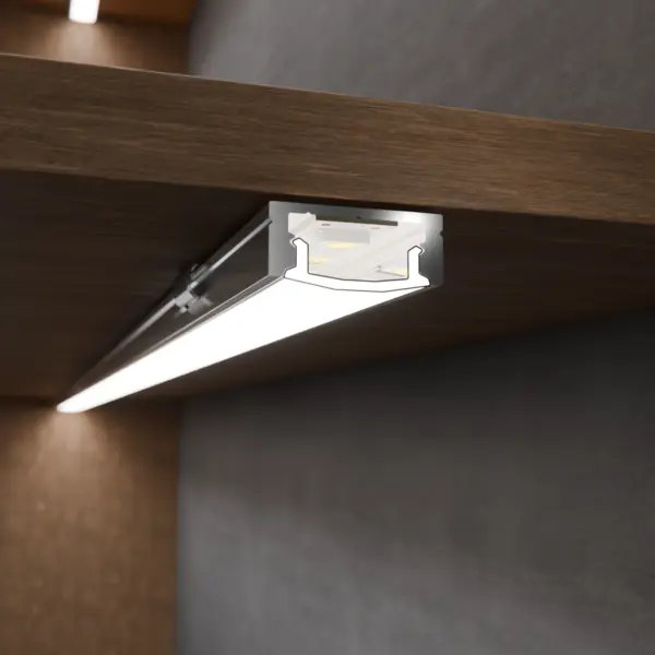 LED-Lichtleiste TAURI in Unterbaumontage am Holzfachboden – hochwertige Beleuchtungslösung von DWD Concepts