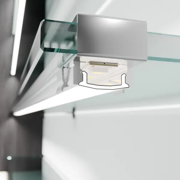 CALLU LED-Lichtleiste in Unterbaumontage am Glasfachboden – elegante Beleuchtungslösung von DWD Concepts