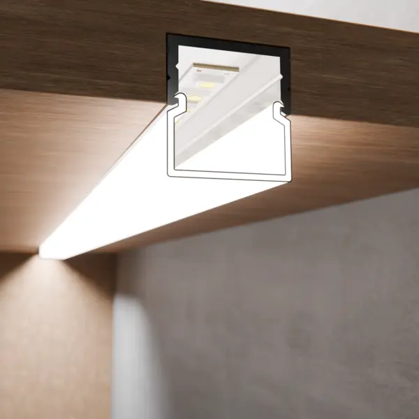 Einbausituation der LED-Lichtleiste CALLU L – eingelassen im Holzfachboden – dezente Lichtintegration von DWD Concepts