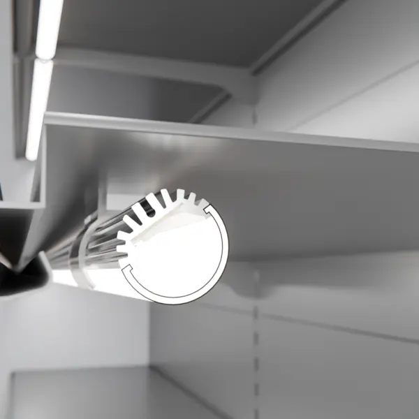 Montagesituation der LED-Lichtleiste GALLERY HP im Metallregal – leistungsstarke Regalbeleuchtung von DWD Concepts