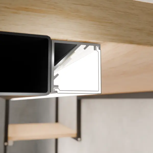 LED-Lichtleiste als Eckprofil in Unterbaumontage am vorderen Teil eines Holzfachbodens – moderne Beleuchtungslösung für Möbel und POS von DWD Concepts