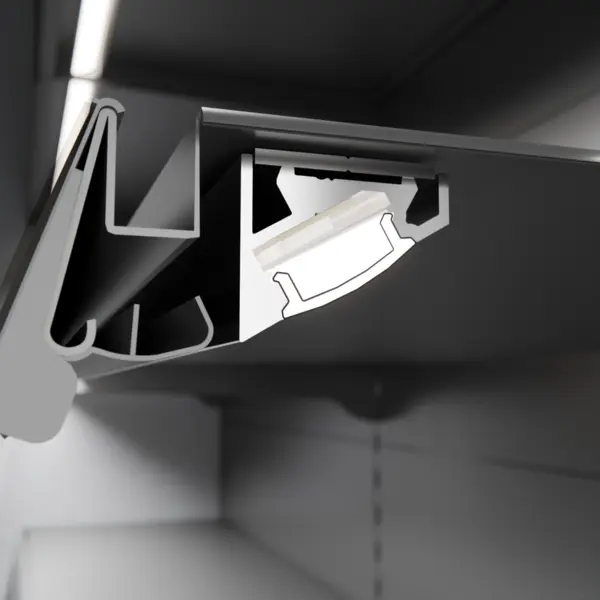 LED-Lichtleiste LEON in Unterbodenmontage am Metallfachboden – effiziente Beleuchtungslösung von DWD Concepts