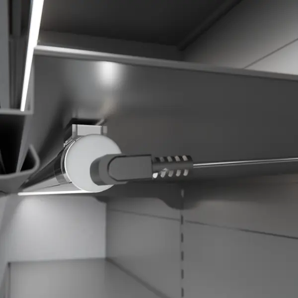 Montagesituation der LED-Lichtleiste GALLERY MDC in Unterbaumontage am Metallregal – präzise Regalbeleuchtung von DWD Concepts