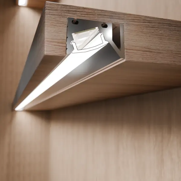 Einbausituation der LED-Lichtleiste CAPH R32 – eingelassen im Holzfachboden – präzise Lichtintegration von DWD Concepts