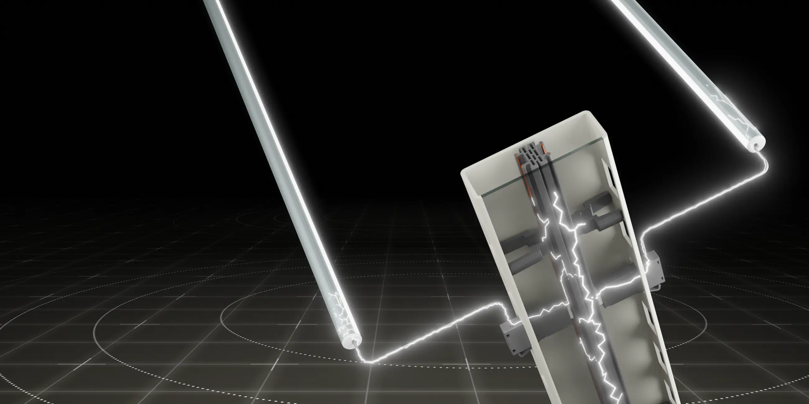 Illustration einer Stromschiene mit unsichtbarer Stromführung, visualisiert mit stilisierten Blitzen.