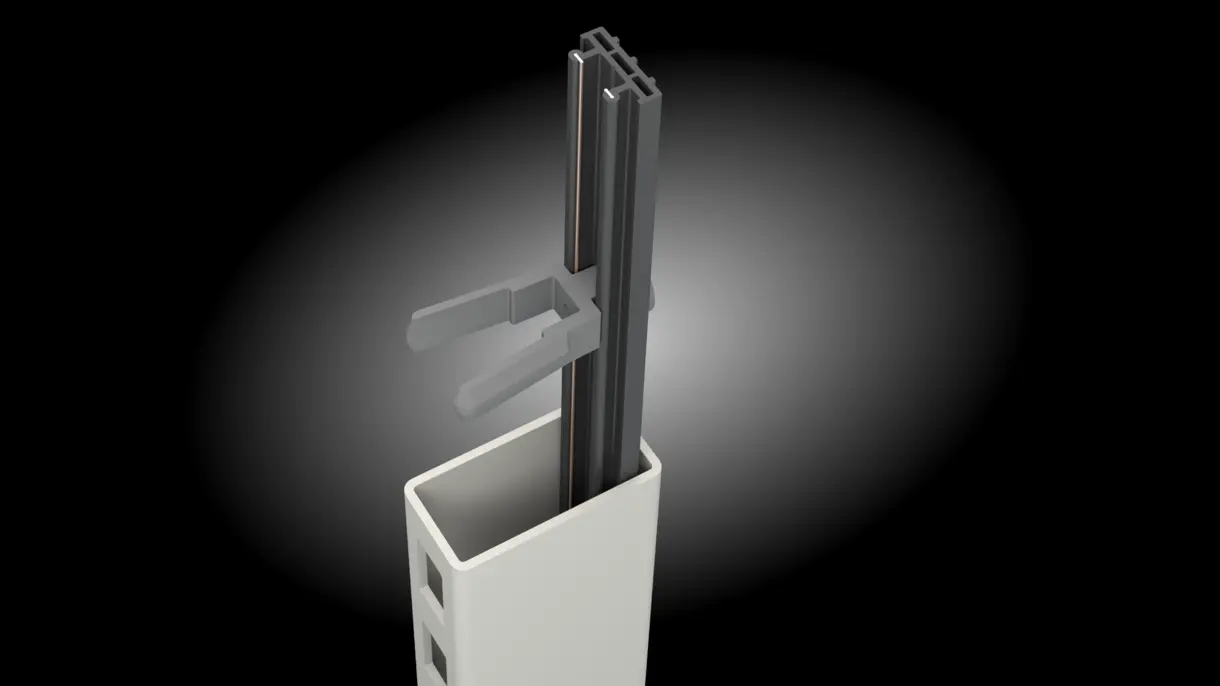 INWI Standard Stromschiene in Regalsäule 25 x 50 mm mit Abstandhaltern von DWD Concepts – unsichtbare LED-Stromzufuhr für Anwendungen im Möbel-, POS- und Messebau.