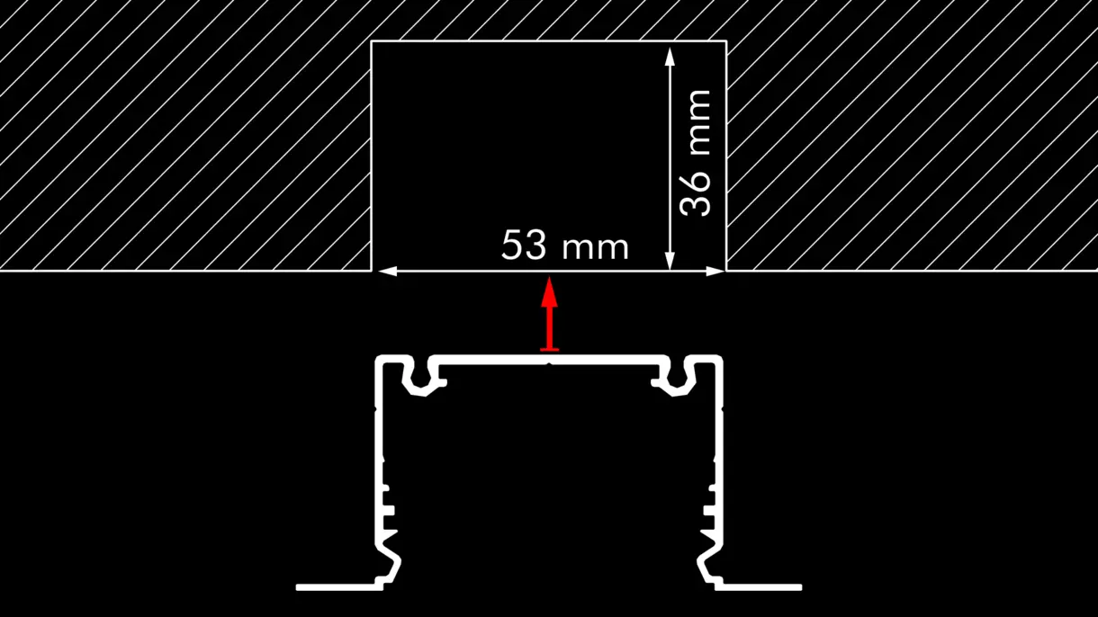 Querschnittszeichnung der LED-Lichtleiste COULSON in eingelassener Montage mit Abmessungen – technische Darstellung von DWD Concepts