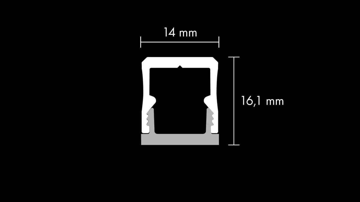 Querschnittszeichnung der LED-Lichtleiste RIPPS mit Diffusor und Abmessungen – technische Darstellung von DWD Concepts