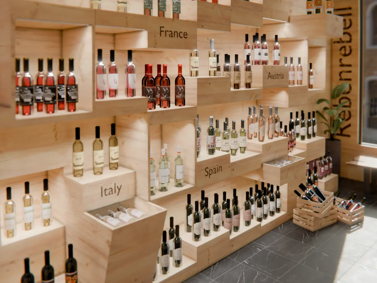 Einbaubeispiel der LED-Lichtleiste CAPH in Holzregal mit Weinflaschen im Weinfachgeschäft – stimmungsvolle Präsentationsbeleuchtung von DWD Concepts