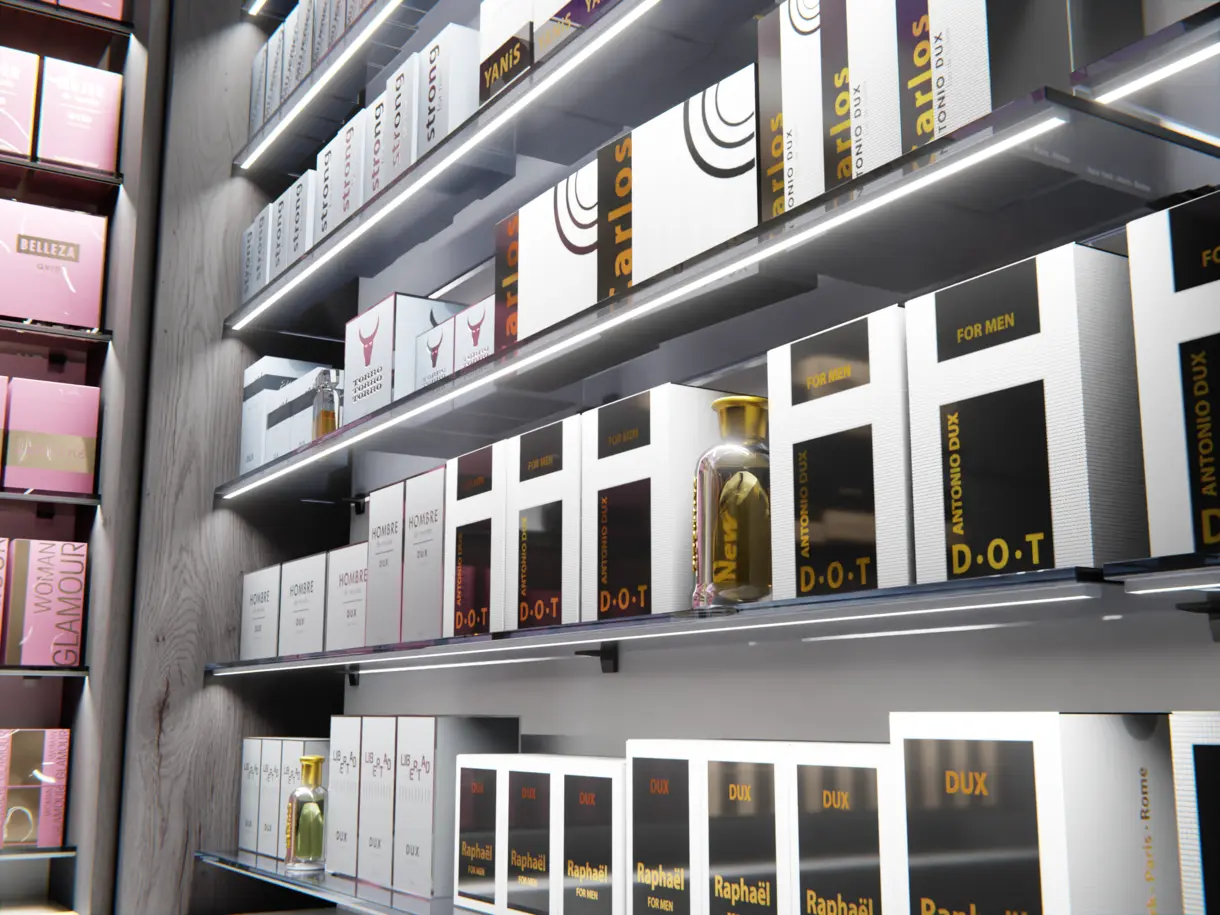 Montage der LED-Lichtleiste TAURI mit Glasbodenclip am Glasboden einer Parfümerie – elegante Produktbeleuchtung von DWD Concepts