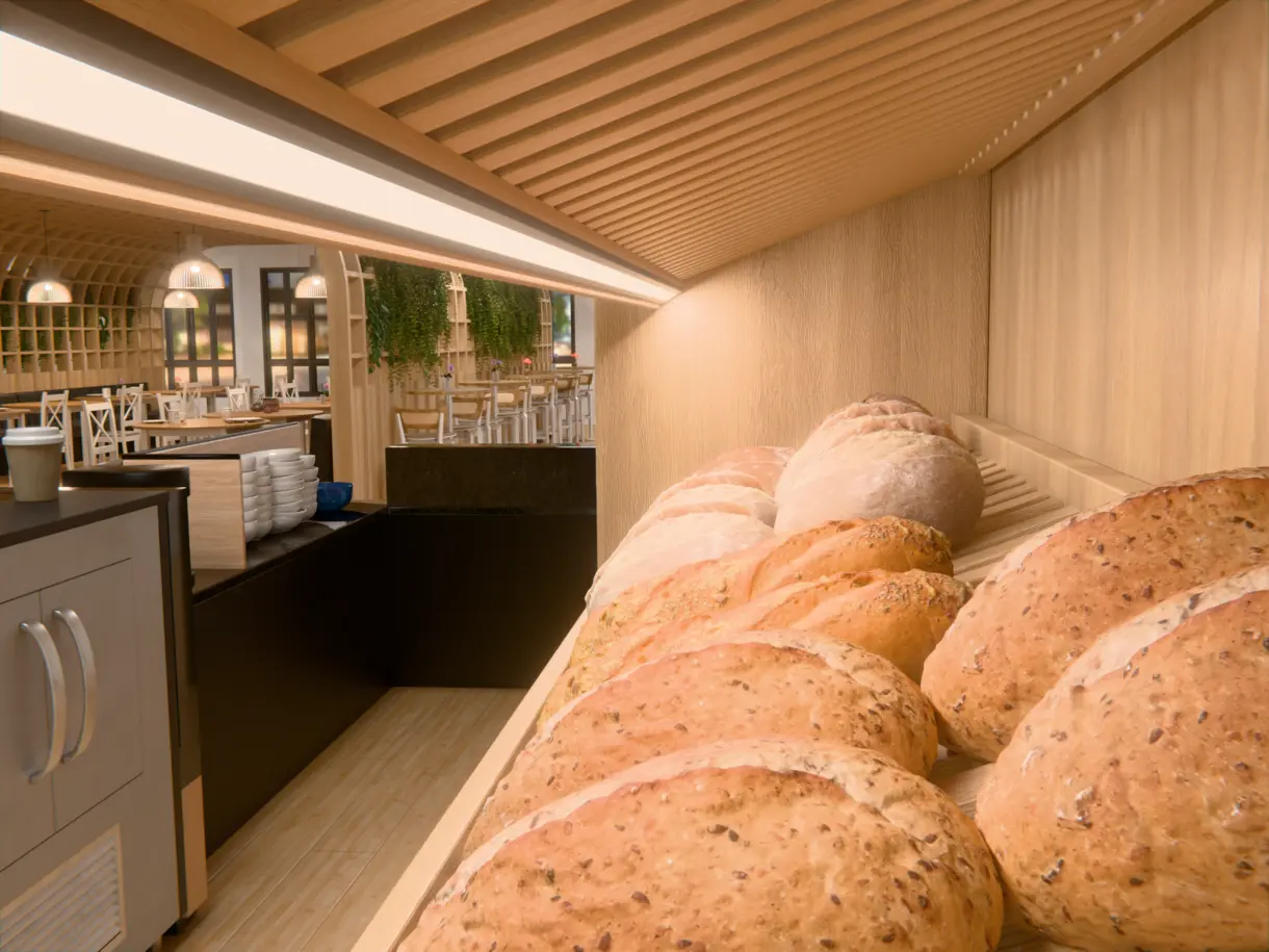 Einbaubeispiel der LED-Lichtleiste VERSURA L in einer Bäckerei zur modernen, gleichmäßigen Beleuchtung der Backwarenauslage im Ladenbau