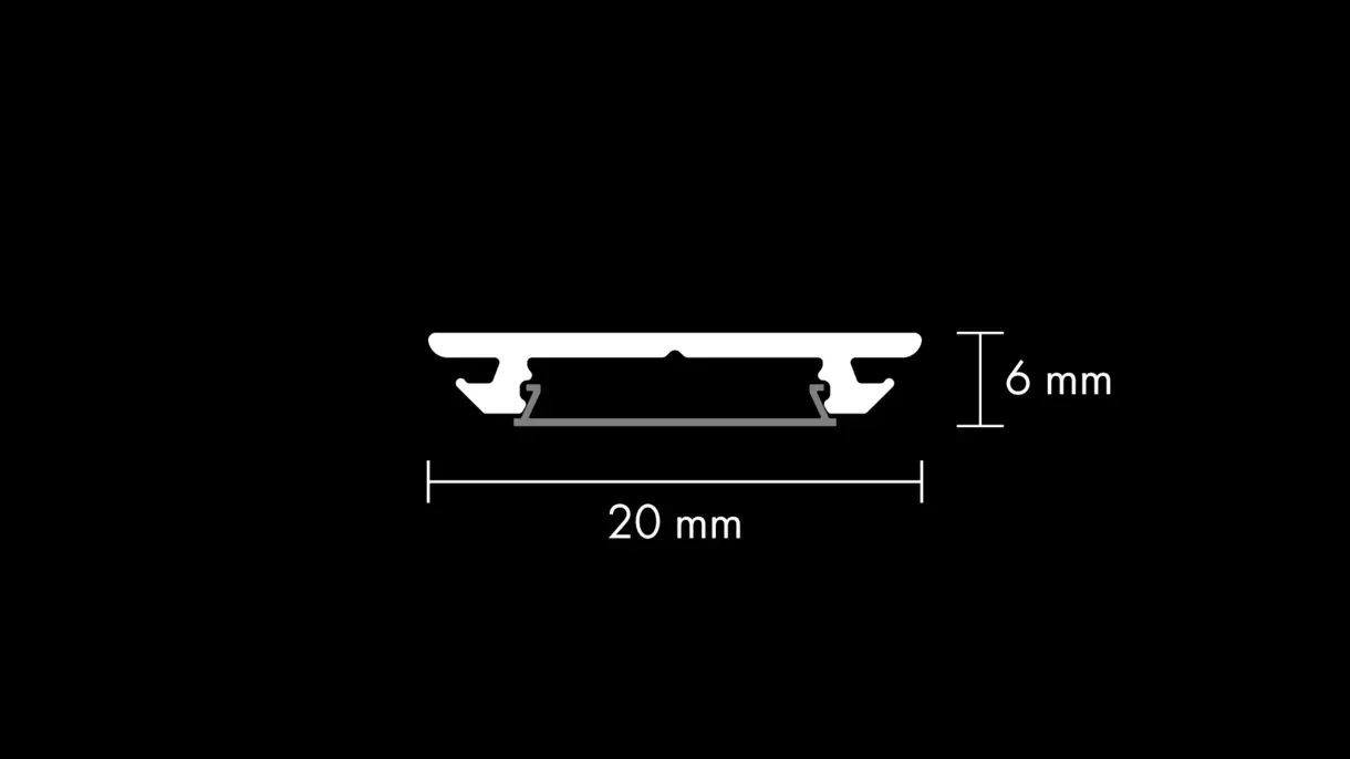 Querschnittszeichnung der LED-Lichtleiste CROOK 20 mit flachem Diffusor und Abmessungen – technische Darstellung von DWD Concepts