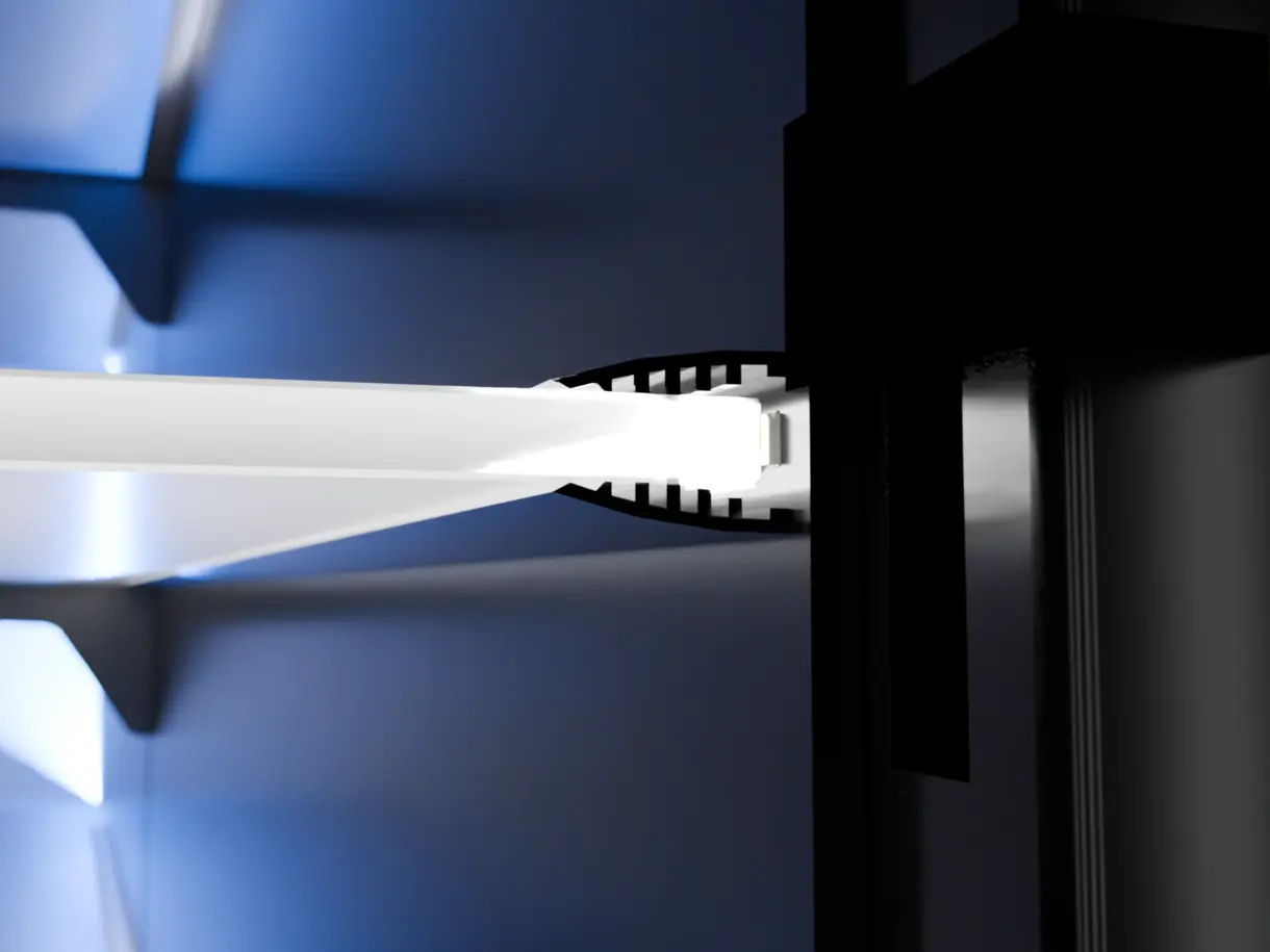 LED-Lichtleiste M600 als Glasbodenträgerprofil – Aufnahme von Glasböden mit integrierter Beleuchtung von DWD Concepts