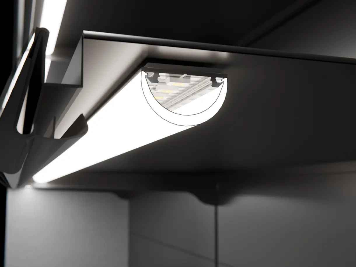 LED-Lichtleiste CROOK 20 in Unterbaumontage am Metallfachboden – effiziente Beleuchtungslösung von DWD Concepts