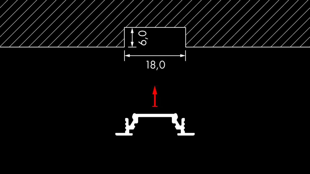 Querschnittszeichnung der LED-Lichtleiste COLLUDO in eingelassener Montage mit Abmessungen – technische Darstellung von DWD Concepts