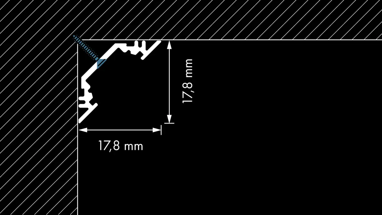 Querschnittszeichnung der LED-Lichtleiste TRIGONA in Eckmontage mit Abmessungen – technische Darstellung von DWD Concepts