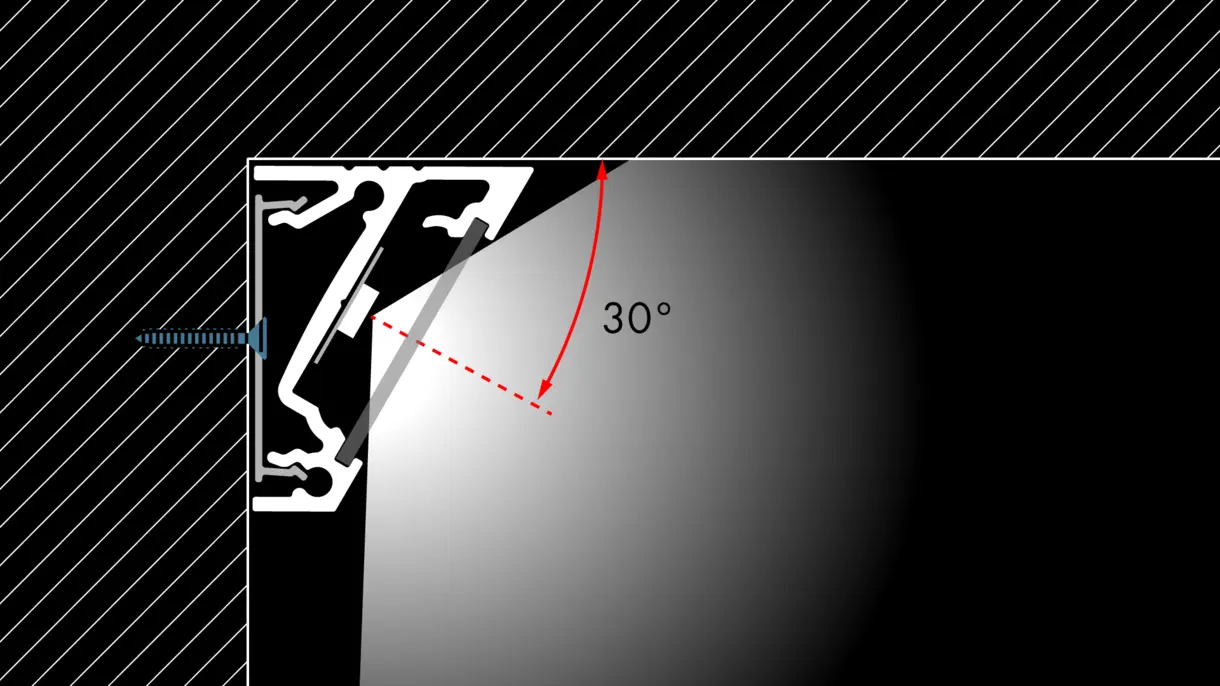 Querschnittszeichnung der LED-Lichtleiste VERSURA L in senkrechter Montage mit 30° Neigungswinkel – technische Darstellung von DWD Concepts
