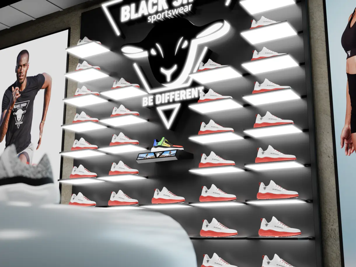 Beispielanwendung des INWI Carrysystems in der Sportartikelbranche zur Präsentation von Sportschuhen – elegante Stromschienenlösung von DWD Concepts