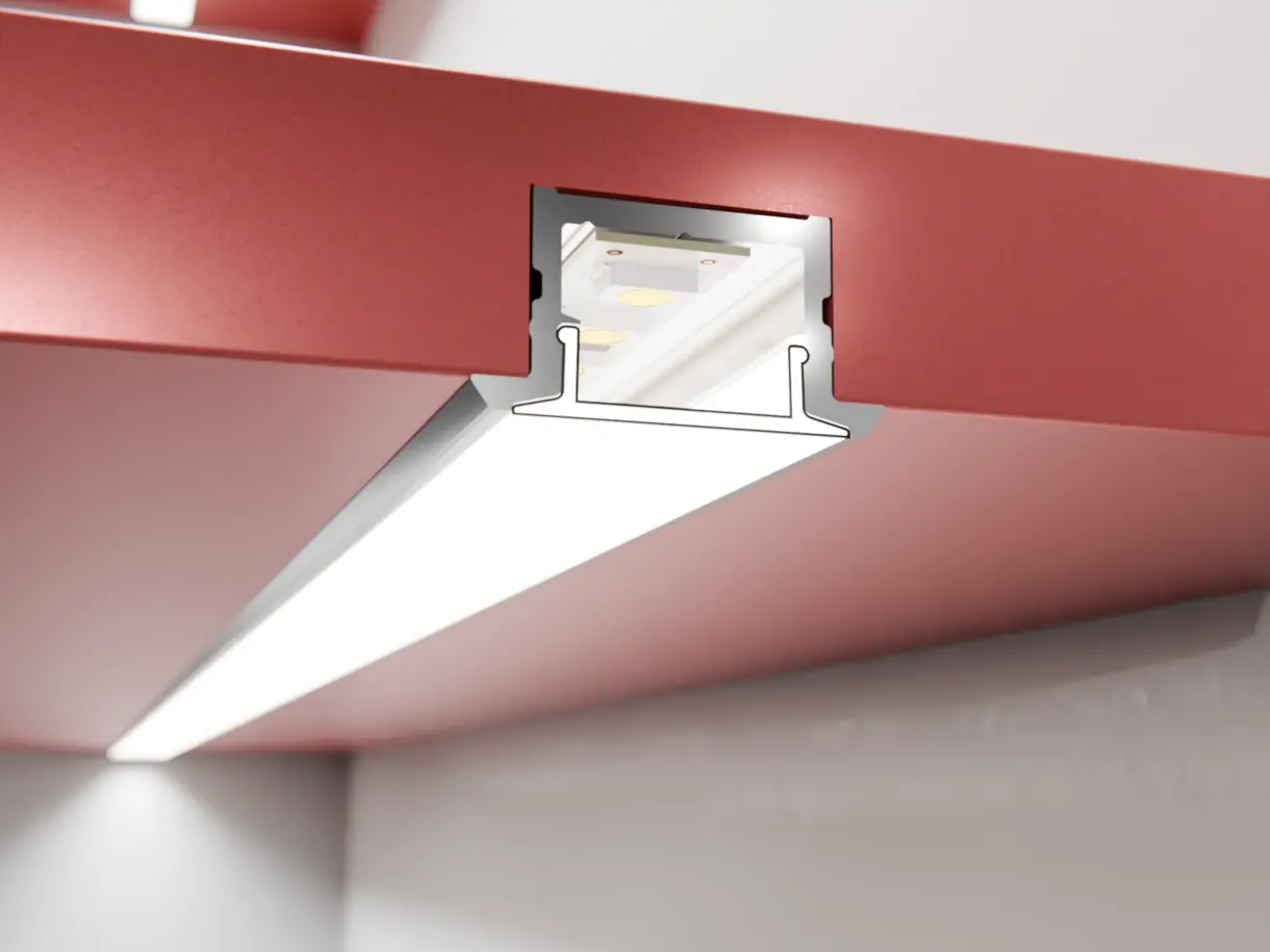 Einbausituation der LED-Lichtleiste COLLUDO D – eingelassen im Fachboden – präzise Regalbeleuchtung von DWD Concepts