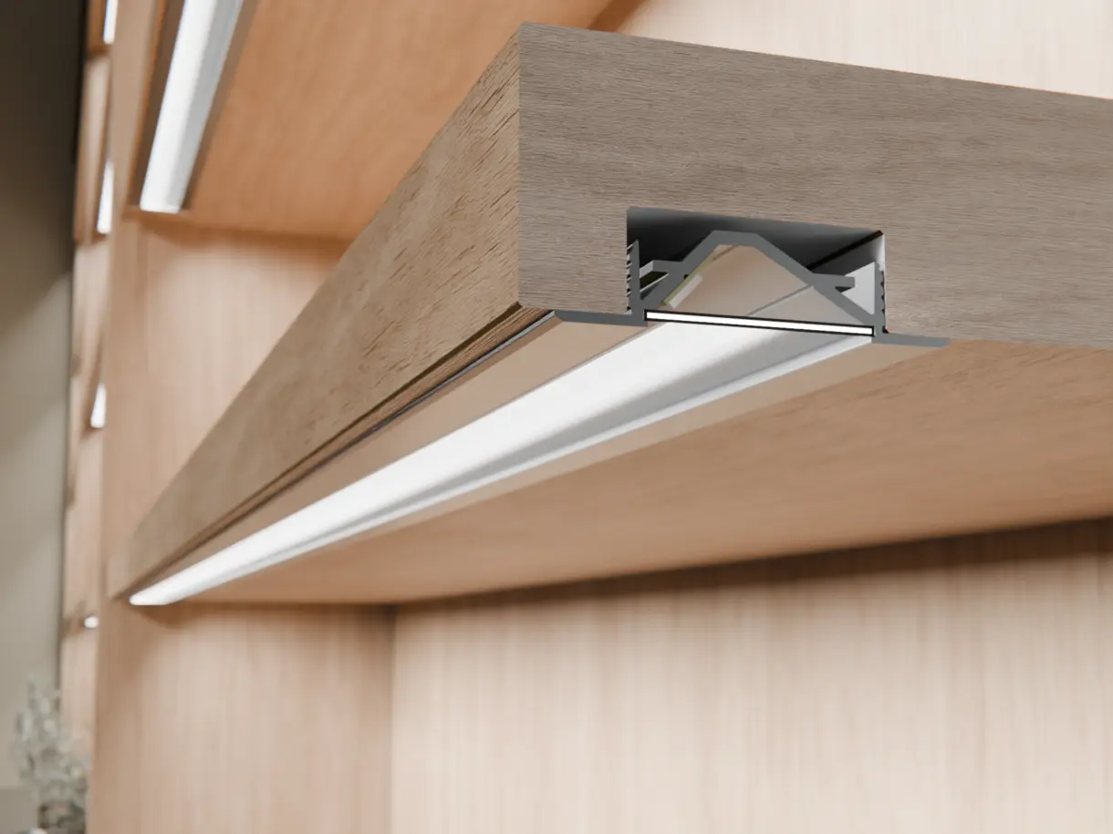 Einbausituation der LED-Lichtleiste MINI SIRIUS – eingelassene Montage im Holzboden – präzise Flächenbeleuchtung von DWD Concepts