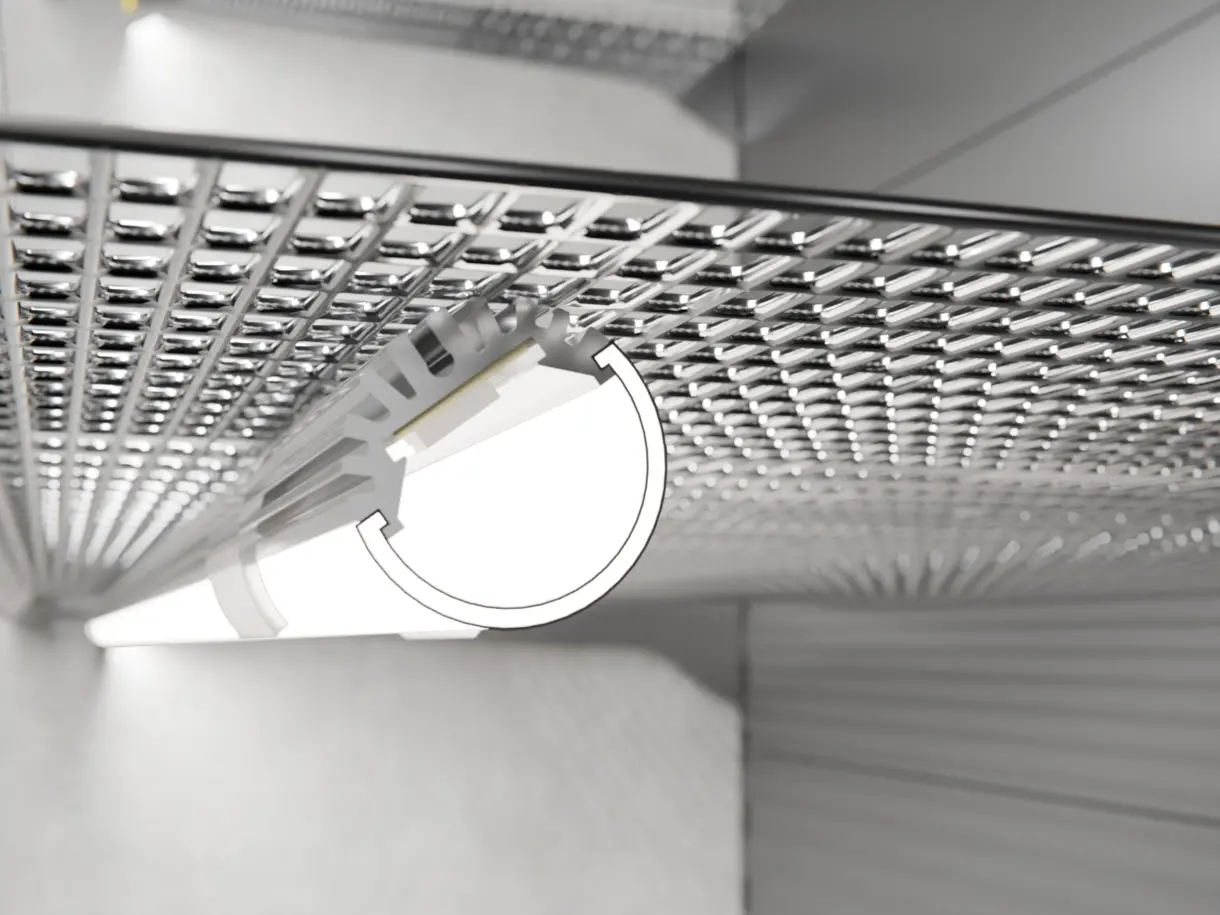 LED-Lichtleiste GALLERY HP in Unterbaumontage am Gitterfachboden – effiziente Beleuchtungslösung von DWD Concepts