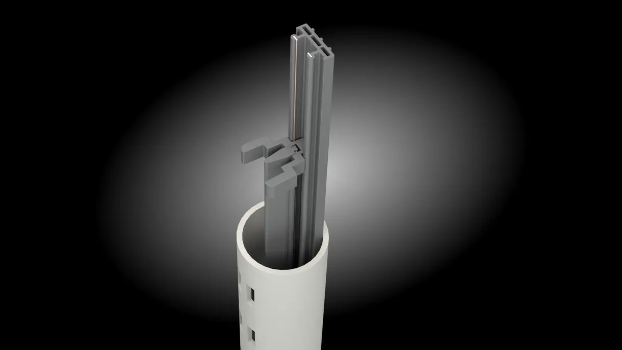 INWI Standard Stromschiene in runder Regalsäule 40 mm mit Abstandhaltern von DWD Concepts – unsichtbare LED-Stromzufuhr für Möbel-, POS- und Messebau.