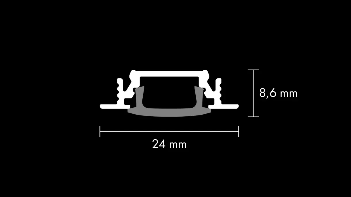 Querschnittszeichnung der LED-Lichtleiste COLLUDO mit Klick-Diffusor und Abmessungen – technische Darstellung von DWD Concepts