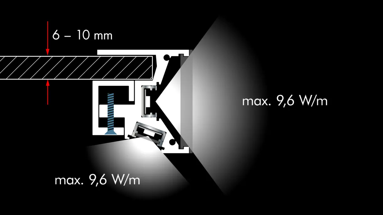 Querschnittszeichnung der LED-Lichtleiste G610 mit Montage am Glasboden – elegante Lichtlösung von DWD Concepts