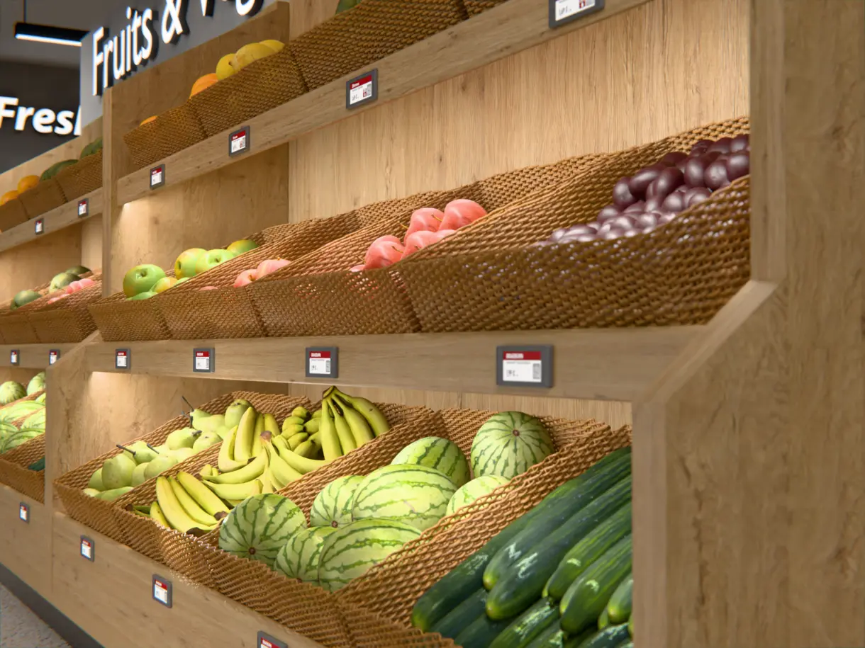 Eckprofil der LED-Lichtleiste LEON im Obstregal – optimale Warenbeleuchtung von DWD Concepts