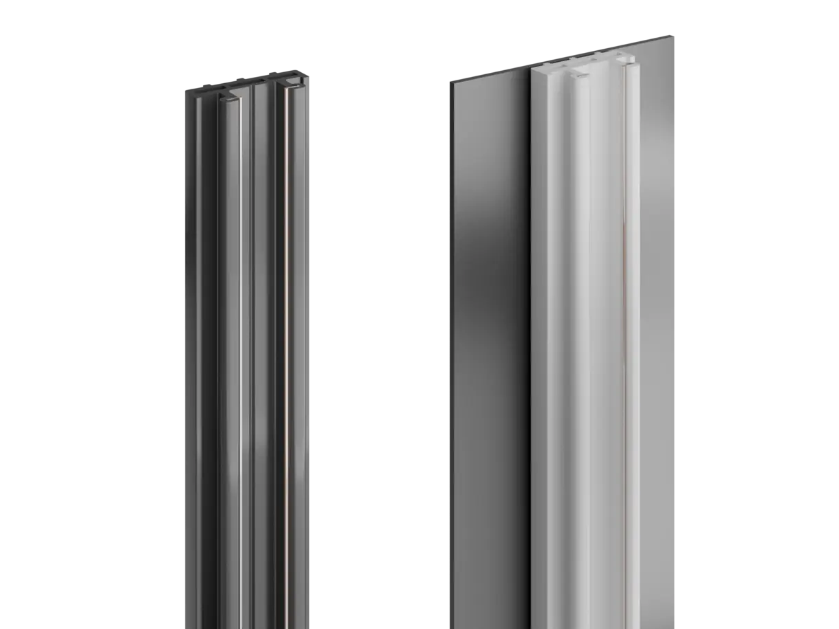 linke Abbildung: INWI X Line Stromschiene – rechte Abbildung: Stromschiene montiert in Regalrückwand – flexible Stromschienenlösung von DWD Concepts