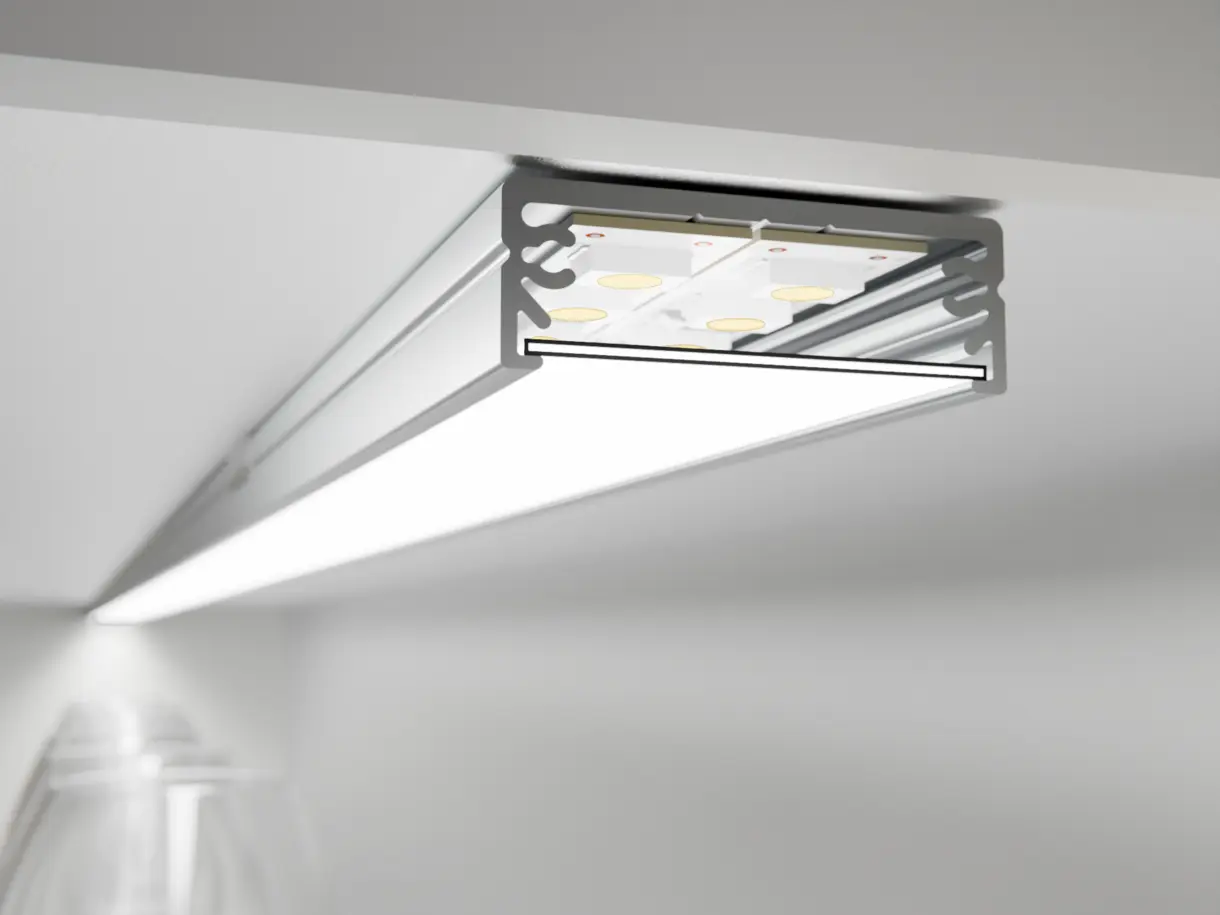Einbausituation der LED-Lichtleiste PLANUS in Aufbaumontage am Fachboden – effiziente Regalbeleuchtung von DWD Concepts