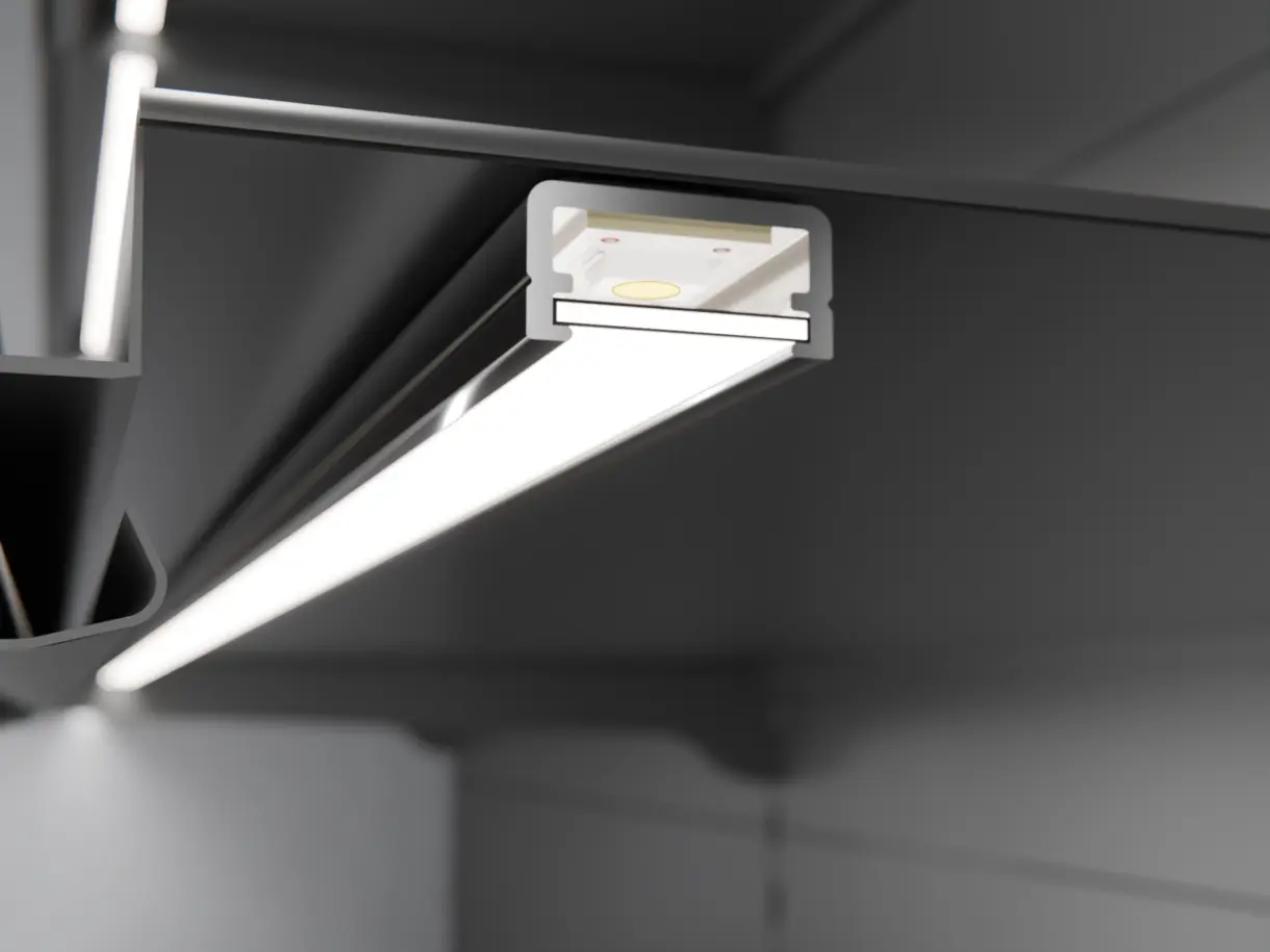 LED-Lichtleiste TAURI in Unterbaumontage am Metallfachboden – effiziente Beleuchtungslösung von DWD Concepts