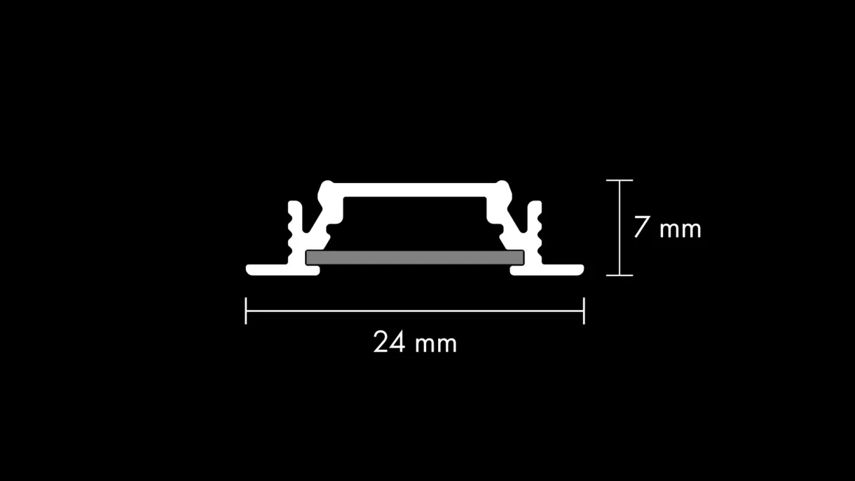 Querschnittszeichnung der LED-Lichtleiste COLLUDO mit flachem Diffusor und Abmessungen – technische Darstellung von DWD Concepts