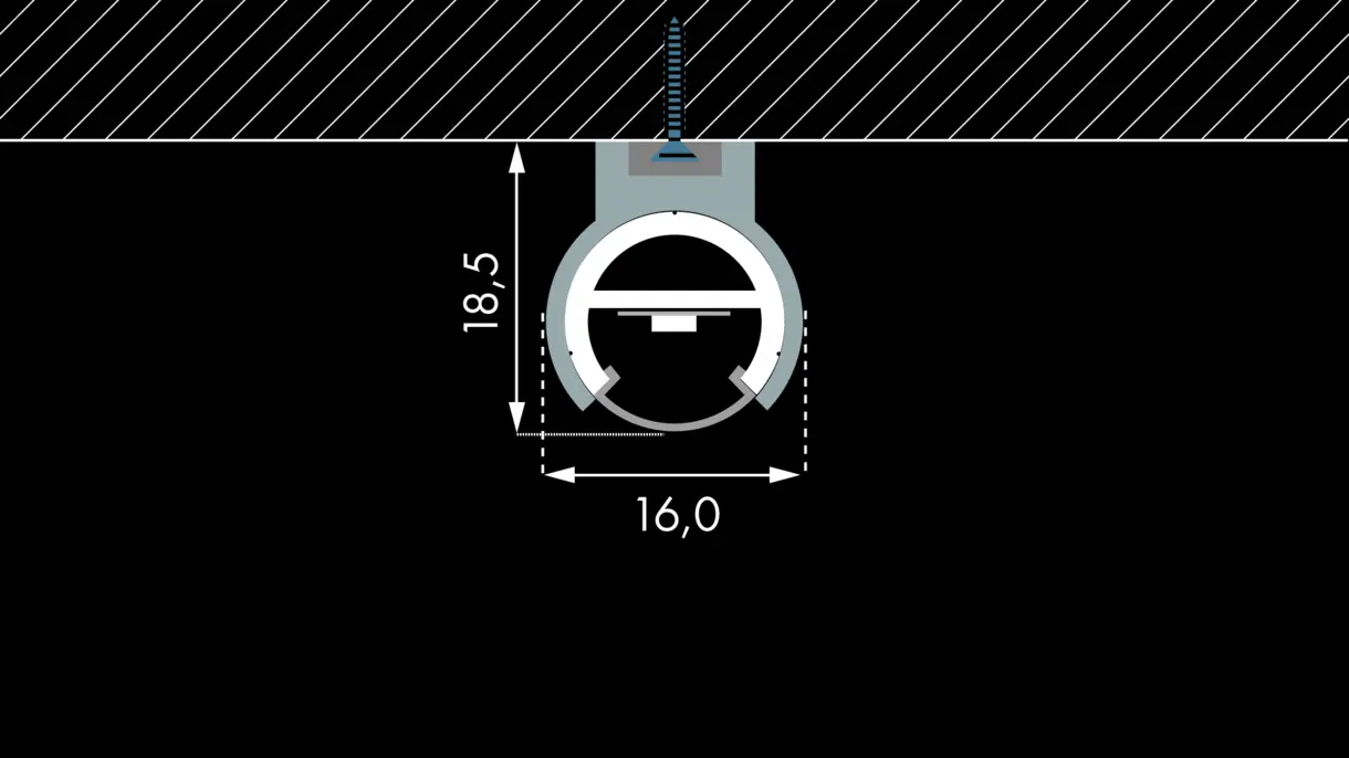 Querschnittszeichnung der LED-Lichtleiste GALLERY mit verschraubter Montage über KT8-Clip und Abmessungen – technische Darstellung von DWD Concepts