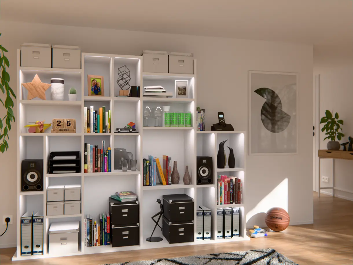 Einbaubeispiel der LED-Lichtleiste CAPH R32 in Designerregal aus dem Möbelbau – hochwertige Lichtintegration von DWD Concepts
