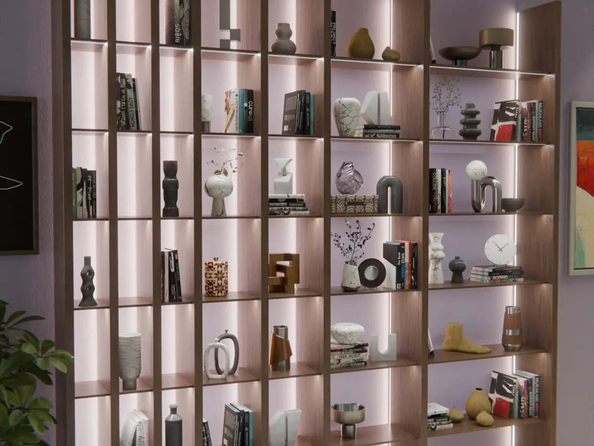 Einbaubeispiel der LED-Lichtleiste COLLUDO in Holzregal im Wohnbereich – dezente Ambientebeleuchtung von DWD Concepts