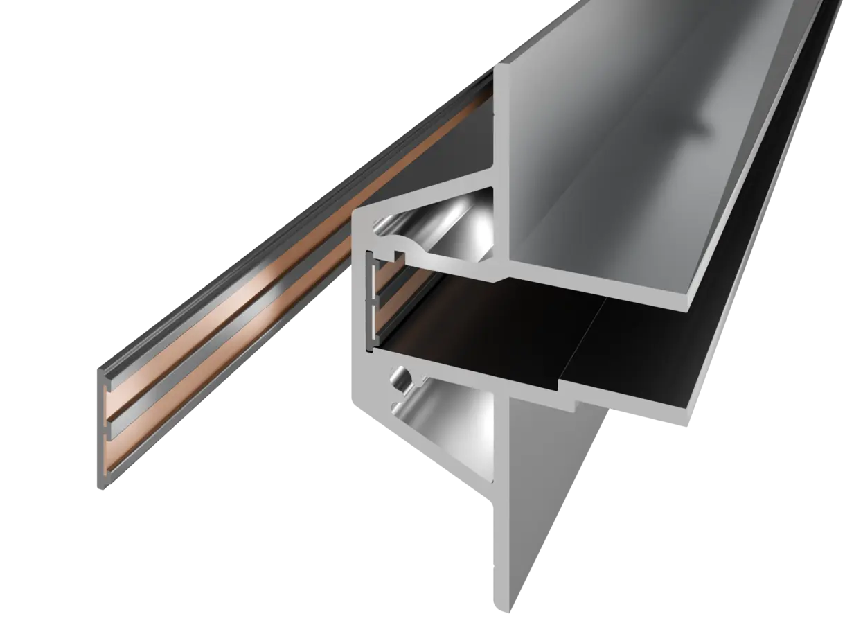 linke Abbildung: INWI Carry Stromschiene – rechte Abbildung: Stromschiene integriert im Carry-Aluminiumträgersystem zur Aufnahme steckbarer Lichtfachböden – flexible Stromschienenlösung von D