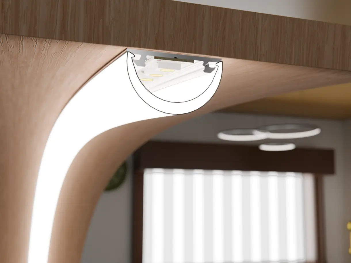 Montagesituation der LED-Lichtleiste CROOK 20 an runder Holzvertäfelung – flexible Lichtlösung von DWD Concepts