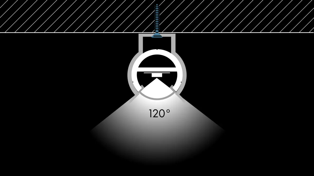 Querschnittszeichnung der LED-Lichtleiste GALLERY MDC mit verschraubter Montage und Federstahlclip – robuste Lichtlösung von DWD Concepts
