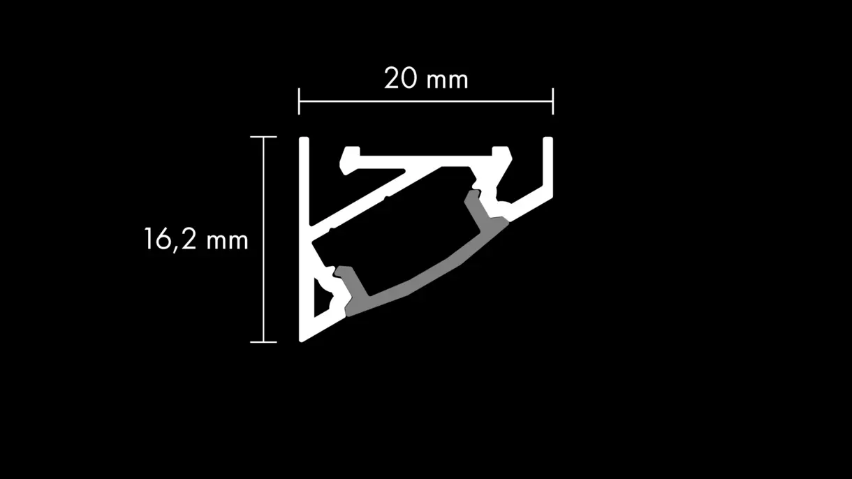 Querschnittszeichnung der LED-Lichtleiste LEON mit Diffusor und Abmessungen – technische Darstellung von DWD Concepts