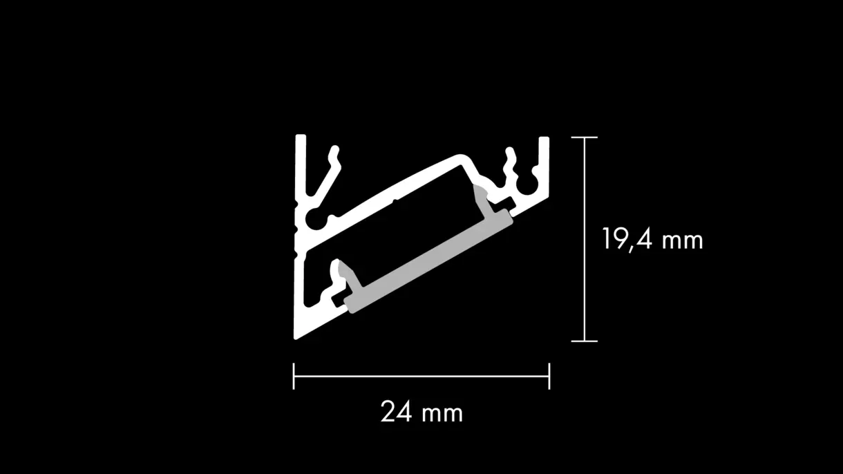 Querschnittszeichnung der LED-Lichtleiste VERSURA L mit Diffusor und Abmessungen – technische Darstellung von DWD Concepts