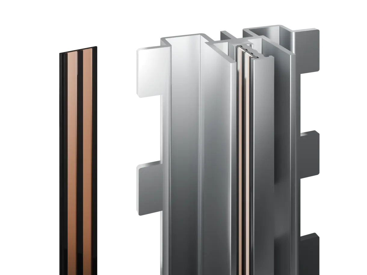 linke Abbildung: INWI Forris AS Stromschiene – rechte Abbildung: Stromschiene integriert im INWI Forris-Aluminiumträgersystem zur Aufnahme von Regalfachböden – flexible Stromschienenlösung vo