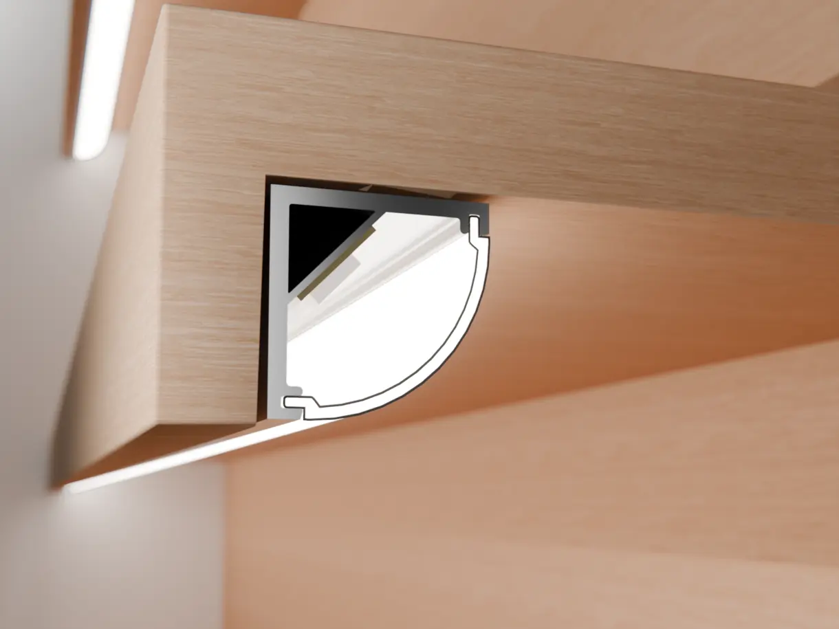 Eckprofilleuchte TITA in Unterbaumontage am Holzfachboden – hochwertige Beleuchtungslösung von DWD Concepts