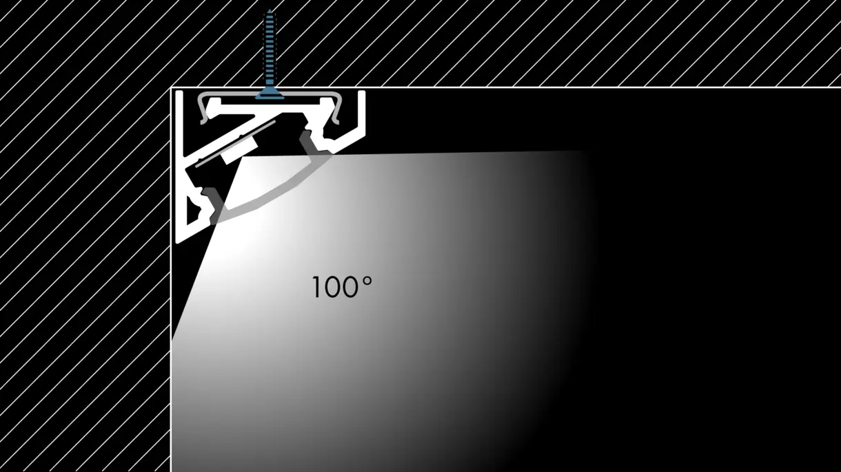 Querschnittszeichnung der LED-Lichtleiste LEON mit geschraubter Montage und 100° Abstrahlwinkel – präzise Lichtlösung von DWD Concepts